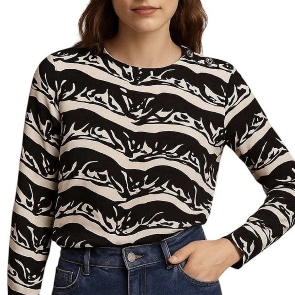 The Kooples Panther Print Long Sleeve Top Black Ivory Size 0 NWT Sleek Graphic